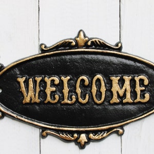 Jet Black WELCOME Sign Plaque-Rustic Cast Iron - Old Fashioned-Front Door -Metal Wall Decor -Wedding Gift-Ebony Black-New Business,Chippy