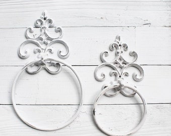 Fleur De Lis Cast Iron Hand Towel Holder , Cast Iron Wall Mounted Tea Towel Holder , Shabby White ,European Vintage Design , Rustic Bathroom