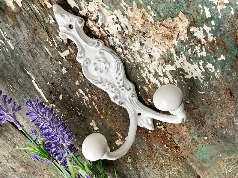 Shabby Chic Iron Wall Hook In Shabby White Coat Key Hook , Rustic Chic Girls Hook , Cottage Style Jewelry Holder Hanger Chippy Antique White image 3