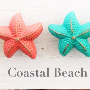 Set Of (2) Nautical Starfish Knobs , In Coral and Sea Glass Coastal Decor ,Nautical Bathroom Knob Beach House, Nautical Decor, Beach Decor