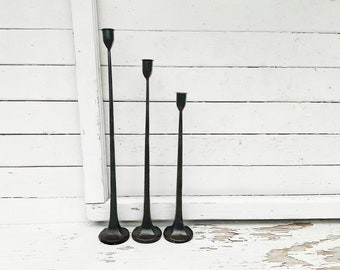Tall Black Cast Iron Taper Candlestick Holders Set of 3 Hand Forged Metal Wedding Gift Anniversary Housewarming Candle Pillars Candle Sticks