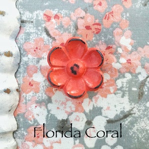 May include: A coral-colored flower-shaped cabinet knob with a black outline and center. The knob is on a background of a floral fabric with pink and white flowers on a gray background. The text "Florida Coral" is written below the knob.