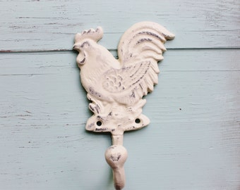 Creamy Ivory Cast Iron Rooster Hook- Spring Home Decor- Farmouse-Hostess Gift-Outside Garden-Kitchen-Tea Towel-Linen Apron-Natural-