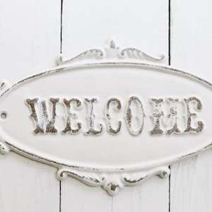 White WELCOME Sign Plaque-Rustic Cast Iron - Old Fashioned-French- Front Door -Metal Wall Decor -Wedding Gift-Nautical-Chippy-New Business