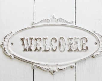 White WELCOME Sign Plaque-Rustic Cast Iron - Old Fashioned-French- Front Door -Metal Wall Decor -Wedding Gift-Nautical-Chippy-New Business