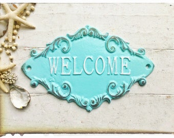 Aquamarine WELCOME Plaque-Rustic Cast Iron - Old Fashioned-French- Front Door -Metal Wall Decor -Wedding Gift-Nautical-Chippy-New Business