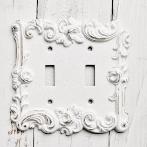 Distressed Metal Wall Decor- Double Light Switch Cover- White Shabby Chic-Roses-Ornate-Distressed-Spring Flowers-Roses-Winter Trends