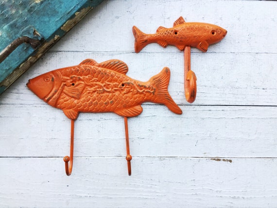 cast iron fish hook Cast Iron Fish Hook in Ocean Teal-nautical Decor -nautical Nursery-nautical  Bathroom -fish Decor- Lake House Decor -fishing Camp -towel Hook