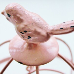 May include: A pink metal birdcage with a pink bird figurine on top. The birdcage has a round base and a wire frame.