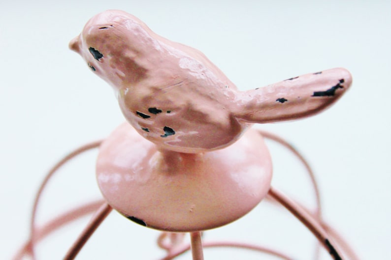 May include: A pink metal birdcage with a pink bird figurine on top. The birdcage has a round base and a wire frame.