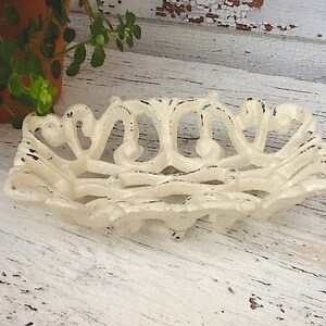 Shabby Chic Cream Wedding-Cream Business Card Holder-Cast Iron-Rustic Vintage-Bathroom Decor-Retro Soap Dish- Distressed -Metal Decor-Spring image 3