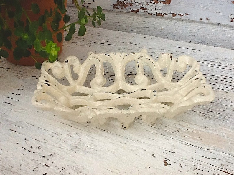 Shabby Chic Cream Wedding-Cream Business Card Holder-Cast Iron-Rustic Vintage-Bathroom Decor-Retro Soap Dish- Distressed -Metal Decor-Spring image 3