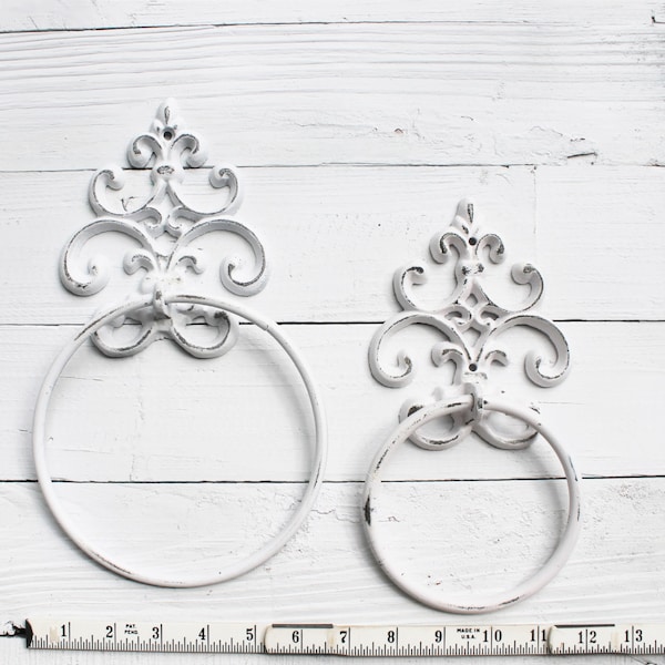 Shabby Chic Towel Ring, In Shabby White, Towel Hanger,Heavy Cast Iron Towel Hook,Shabby Chic Bathroom Accessory,Fleur De Lis Design