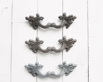 Salvaged Grey Cast Iron Cabinet Pull-French Provincial Dresser Hardware-Ornate Pulls-Distressed Dresser-Shabby Chic Knobs-Paris Home Decor