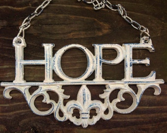 Cast Iron HOPE SIGN- Ornate Creamy Ivory-Distressed Style-Home Decor-Spring Home Decor-Wedding Gift-Front Door-Kitchen-Cottage Style