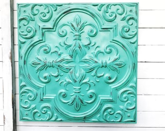 Patina Metal Distressed Square Fleur de Lis Wall Decor Embossed Metal Wall Art Vintage Victorian Style Shabby Chic , Vintage Architectural