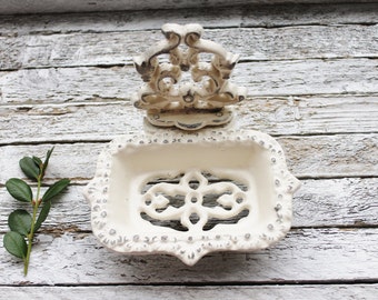 Creamy Ivory White Business Card Holder-Soap Dish-Bathroom Decor-Victorian Nautical Shabby Chic-Farmhouse-Shabby Country Cottage