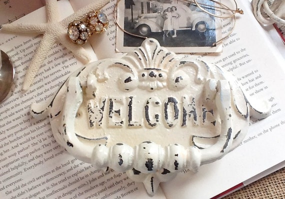 Ivory Cream Door Knocker / Painted Cast Iron /  Cottage Inspired / Home Decor / Creamy White Welcome Sign / Metal Decor/Spring Trends