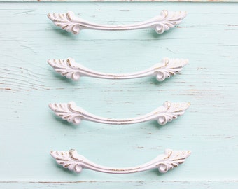French Provincial Drawer Pull,Upcycled True White Ornate Hardware,Vanity Dresser,Victorian Home,Dainty Petite