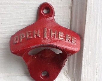 Country Red Wall Mount Bottle Opener,Wall Mounted Retro Bottle Opener, Vintage Style Distressed Cast Iron, Mid Century Decor, Man Cave Decor
