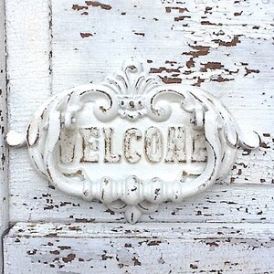 Frappe de porte / Fonte rustique / Cottage Inspiré à lancienne Shabby Chic Blanc Heurtoir de porte dentrée Décor mural en métal Décor de patio image 6