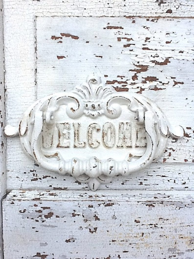 Frappe de porte / Fonte rustique / Cottage Inspiré à lancienne Shabby Chic Blanc Heurtoir de porte dentrée Décor mural en métal Décor de patio image 6