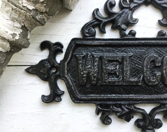 Welcome Sign, Welcome Sign Front Porch, Welcome Sign Front Door, Black Cast Iron Welcome Sign, Metal  Welcome Sign , Word Script Wall