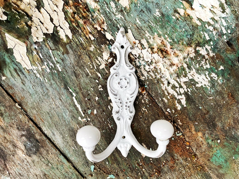 Shabby Chic Iron Wall Hook In Shabby White Coat Key Hook , Rustic Chic Girls Hook , Cottage Style Jewelry Holder Hanger Chippy Antique White image 5