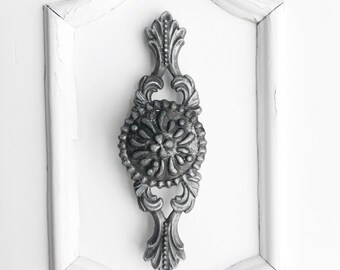 Shabby White Metal Cabinet Pulls-Distressed White Knobs-Industrial Drawer Pull-Decorative Knob,Industrial Gray French Provincial, Backplate,