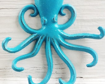 Cast Iron Octopus Wall Plaque-Wall Hanger Ocean , Aqua-Key Holder-Rustic Home Decor-Nautical Wall-In Bright Turquoise-Hallway-Spring Home