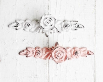 Flower Shabby Chic Dresser Drawer Pulls Handles, Blushing Pink Rose Cabinet Pull Handle Knobs Furniture Hardware, Shabby White Girls Nursery