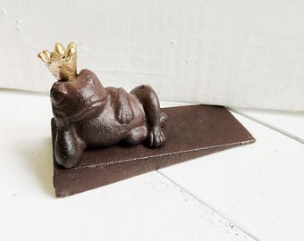 Cast Iron FROG Door Stopper , Door Wedge Stop , Frog Prince Door Wedge, Door Stop , Gold Crown Decor , Princess Room , Pretty Crown Nursery