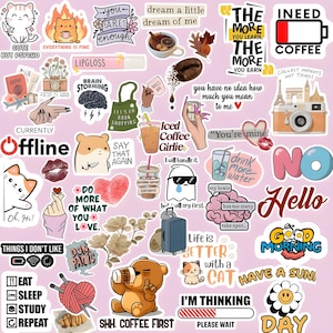 55 stickers numériques amusants et motivants | Feuilles d'autocollants imprimables A4 | Citations mignonnes, autocollants de café | Téléchargement instantané