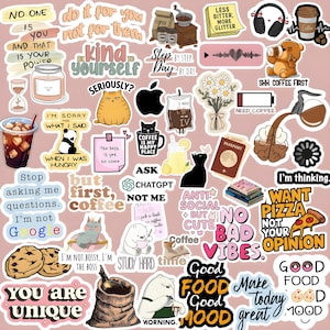 May include: A collection of colorful stickers with various designs and text. The stickers feature coffee-related themes, motivational quotes, cute animal illustrations, and food-related graphics. Perfect for decorating laptops, notebooks, or other items.