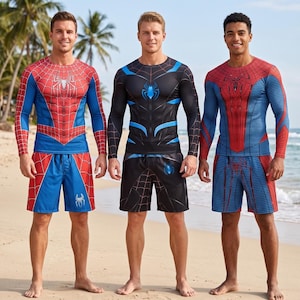Könnte beinhalten: Drei Sets aus langärmeligen Oberteilen und passenden Shorts mit von Superhelden inspirierten Designs. Das erste Set ist rot-blau mit Spinnennetz-Muster. Das zweite ist schwarz-blau mit Spinnen-Emblem. Das dritte ist rot-blau mit einem texturierten Linienmuster.
