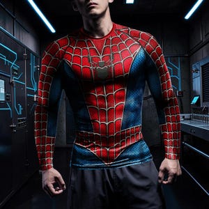 May include: A long-sleeve compression shirt featuring a red and blue spider-web pattern with a black spider emblem on the chest. The garment has a crew neckline and a fitted silhouette, designed with a textured brick-like print on the blue sections.