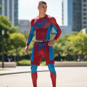 Könnte beinhalten: Ein langärmeliges Kompressionsshirt und eine passende Shorts mit Leggings in einem roten und blauen Spinnennetz-Muster. Das Set zeigt eine blaue Spinnengrafik auf Brust und Oberschenkel sowie einen schwarzen Bund mit dem Schriftzug INDIN CODE.