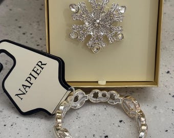 2 Vintage Napier Jewelry: Silvertone brooch and stretch two tone bracelet.