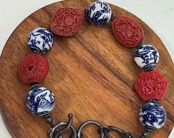 Vintage Chinese porcelain and red cinnabar sterling silver bracelet.