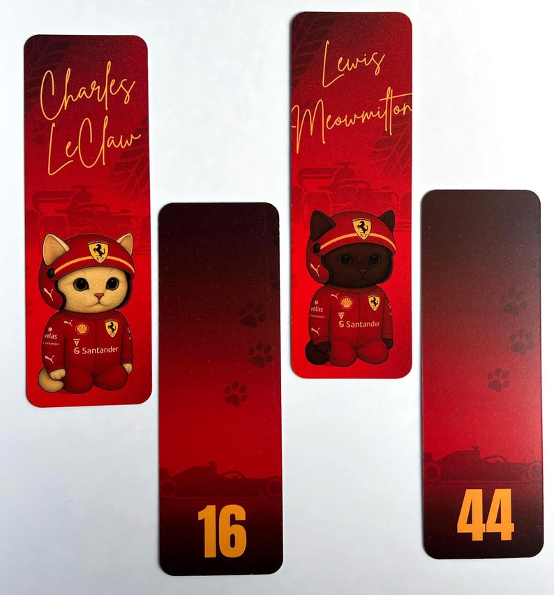 May include: Four red bookmarks featuring cartoon cats in racing attire. Two bookmarks have the names "Charles LeClaw" and "Lewis Meowmilton" in gold script. The other two have the numbers "16" and "44". The cats wear red racing suits.