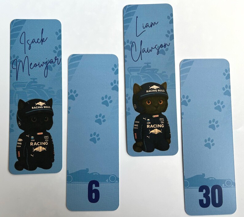May include: Four blue rectangular bookmarks with rounded corners. Two bookmarks feature a black cat wearing a racing uniform and a cap. The text "Isack Meowjar" and "Liam Clawson" are written above the cat images. The other two bookmarks have the numbers 6 and 30.