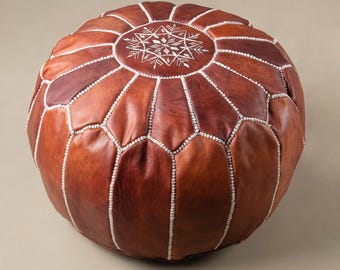 Puf marroquí de cuero hecho a mano, color marrón – Decoración otomana bohemia para el hogar
