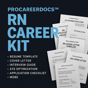 May include: A collection of white paper documents with the text "RN CAREER KIT" in large blue letters. The documents include a resume template, cover letter, interview guide, and ATS optimization guide. The ProCareerDocs logo is visible.