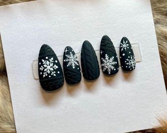 Matte Black Sweater and Snowflake Press On Nails | Handmade Holiday Nail Set