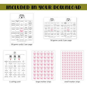 May include: A music bingo game set with the text "INCLUDED IN YOUR DOWNLOAD". The set includes 50 game cards, a calling card, and pink headphone-shaped marker chips. The game cards are printed with song titles.