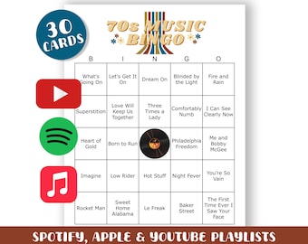 70s Music Bingo Game: 30 Printable Cards (Digital Download, Playlists Included