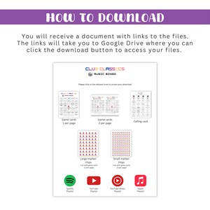 Puede incluir: Un documento blanco con instrucciones sobre c&oacute;mo descargar archivos, con el texto "HOW TO DOWNLOAD". Incluye im&aacute;genes de tarjetas de juego, fichas de marcador e iconos para Spotify, YouTube y listas de reproducci&oacute;n de Apple Music. El documento es para Club Classics Music Bingo.