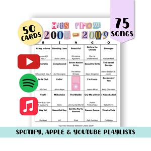 May include: A bingo card with the text "Hits from 2000-2009" and song titles. The card includes the text "50 Cards" and "75 Songs". The bottom of the card reads "Spotify, Apple & YouTube Playlists".