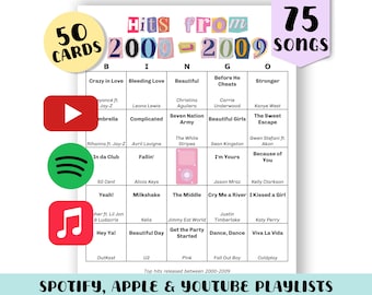 2000s Music Bingo Game: 50 Printable Cards (Digital Download, Playlists Included)