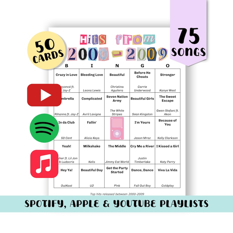 May include: A bingo card with the text "Hits from 2000-2009" and song titles. The card includes the text "50 Cards" and "75 Songs". The bottom of the card reads "Spotify, Apple & YouTube Playlists".